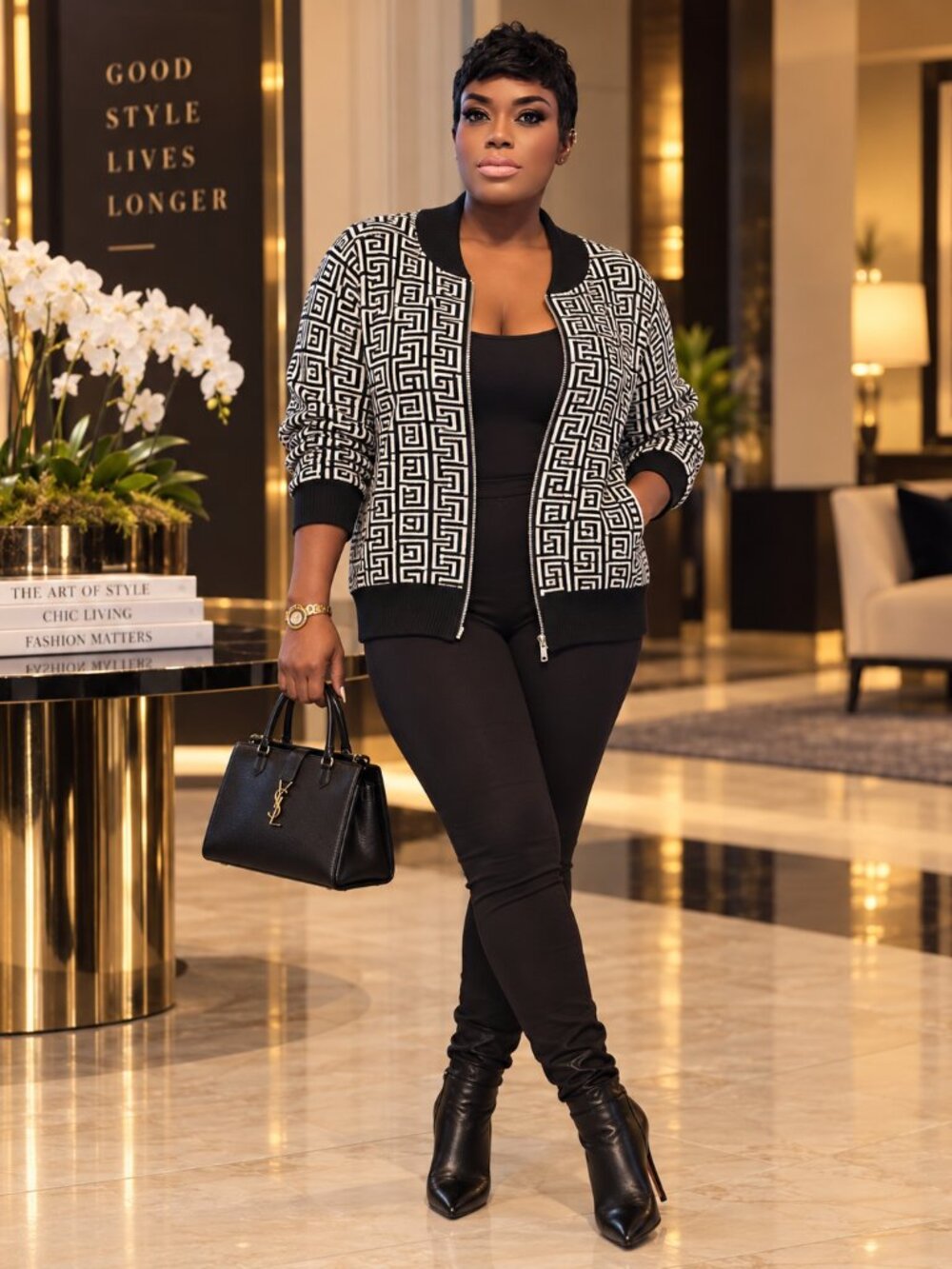 black-and-white bomber jacket